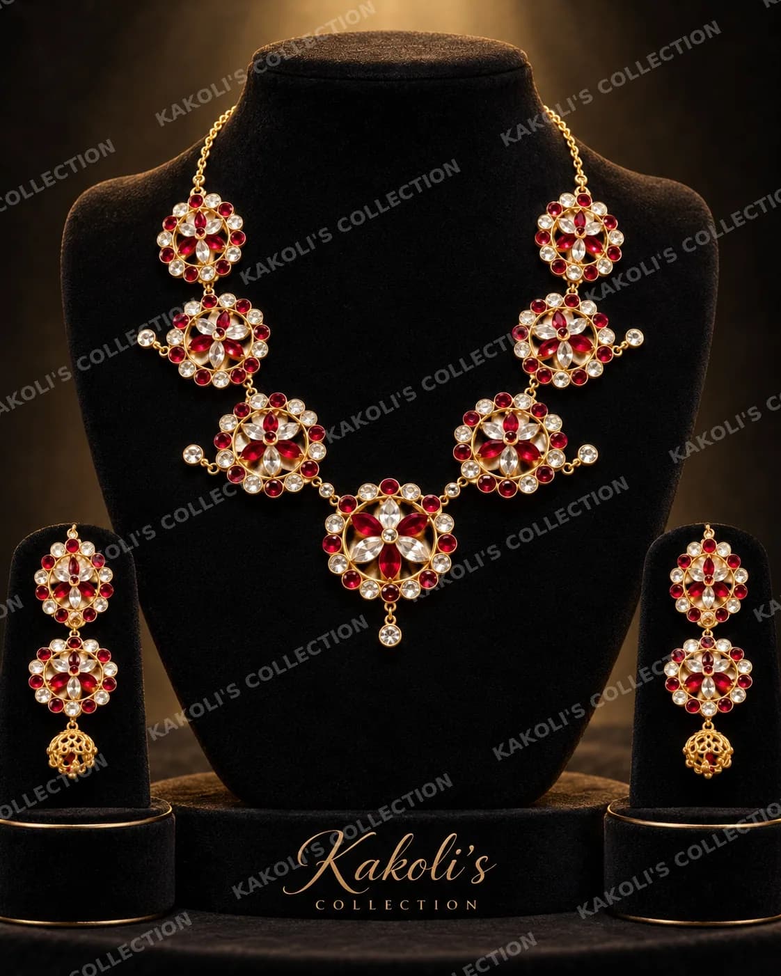 Red & White Crystal Floral Necklace Set – Assamese jewellery by Kakoli's Collection