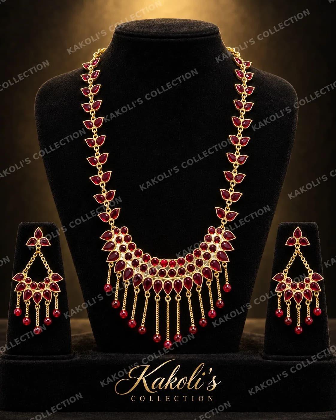 Red Stone Crescent Necklace with Chain Fringe – Assamese jewellery by Kakoli's Collection