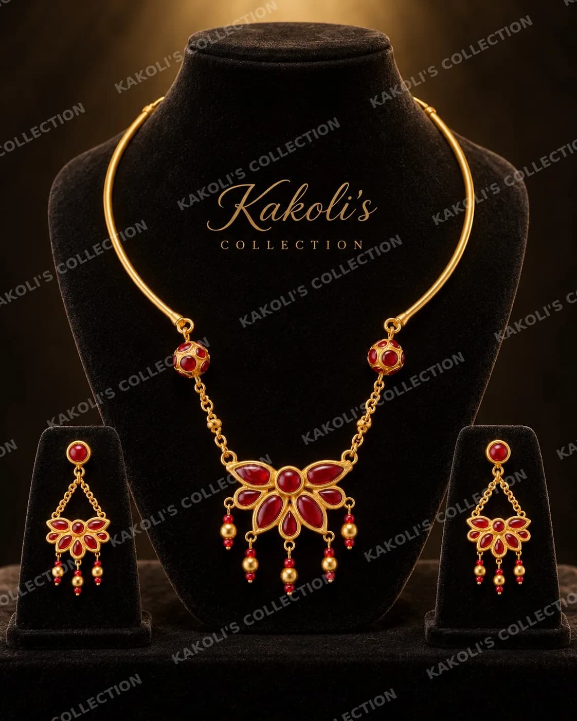 Red Flower on Gold Hasuli with Drops – Assamese jewellery by Kakoli's Collection