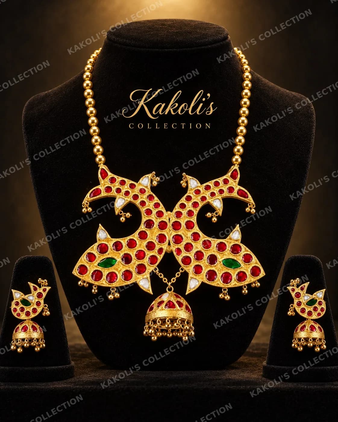 Twin Red Peacock Necklace with Bell Jhumka – Assamese jewellery by Kakoli's Collection