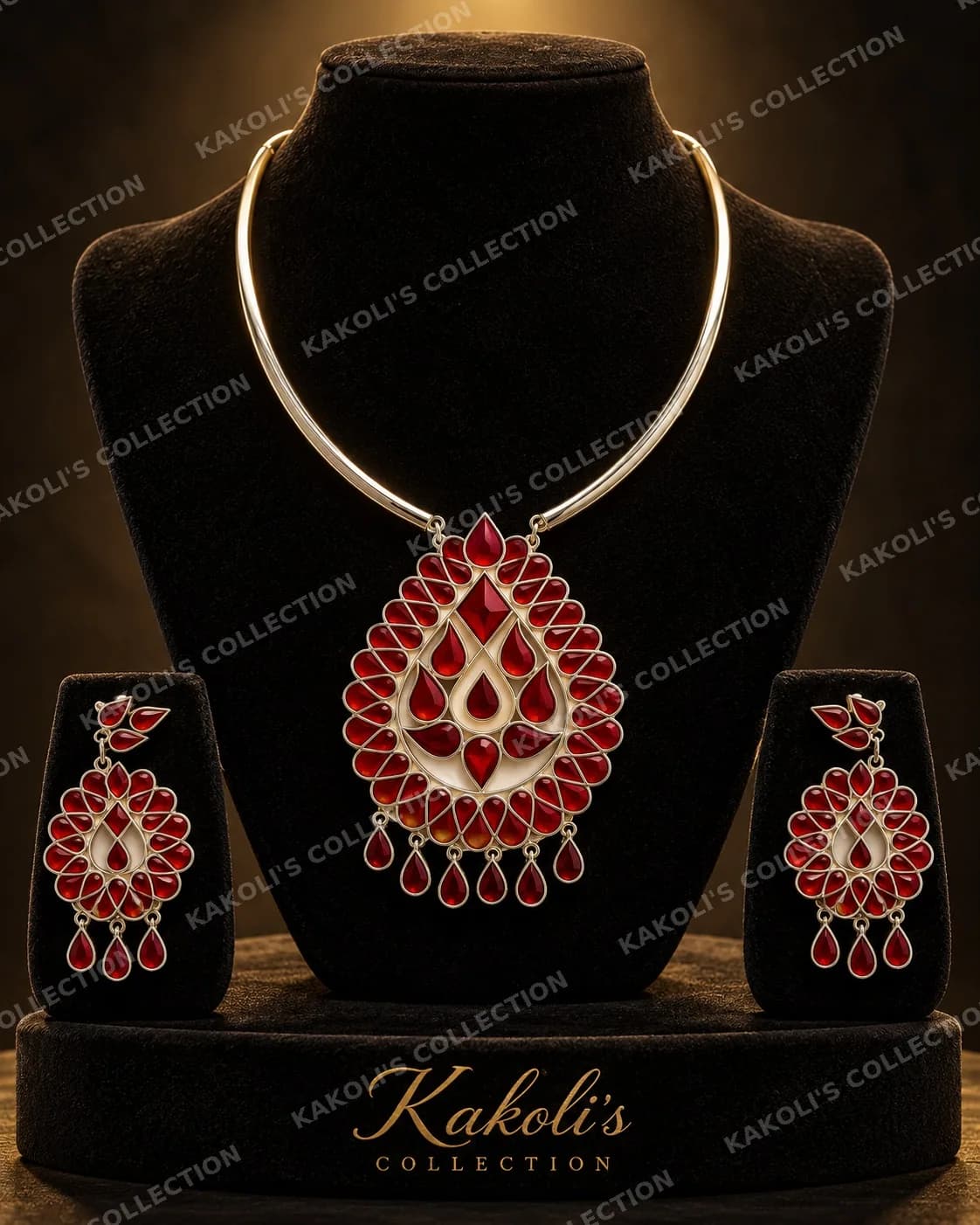 Silver Hasuli with Ruby Teardrop Pendant & Fringe – Assamese jewellery by Kakoli's Collection