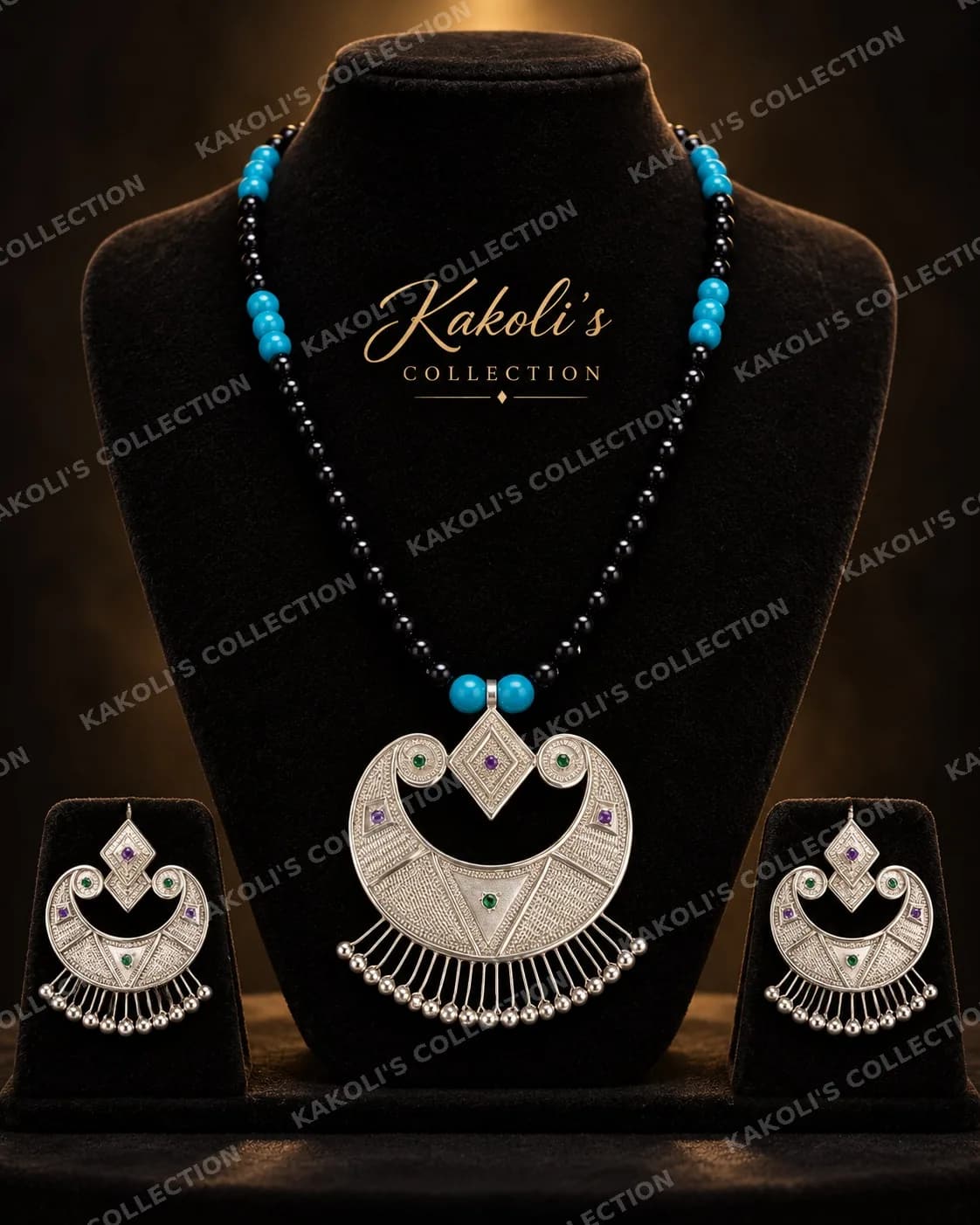Silver Crescent Pendant on Turquoise & Black Beads – Assamese jewellery by Kakoli's Collection