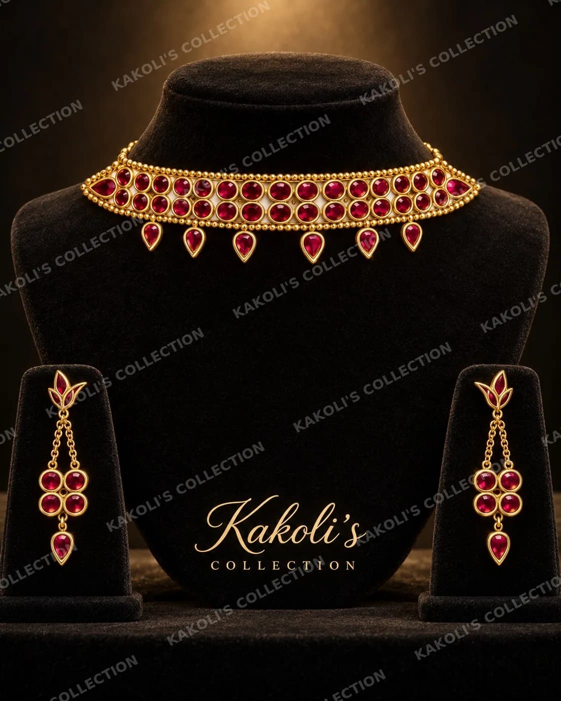 Red Stone Golpata Choker with Teardrop Fringe – Assamese jewellery by Kakoli's Collection