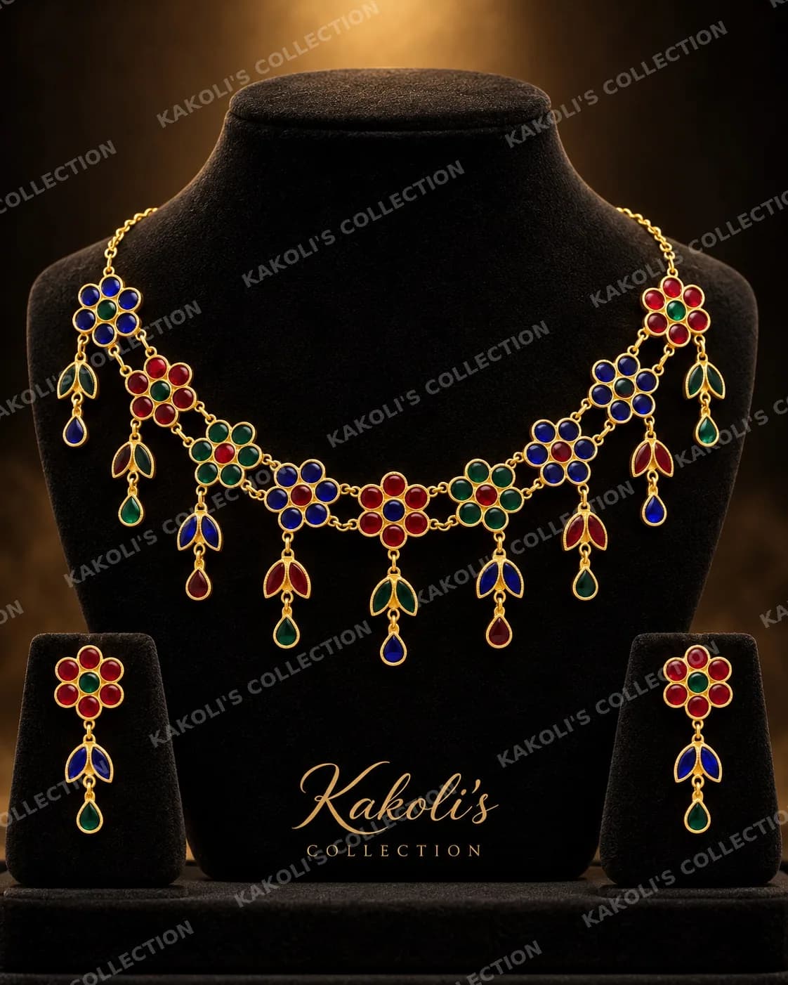 Blue, Green & Red Flower Golpata – Assamese jewellery by Kakoli's Collection