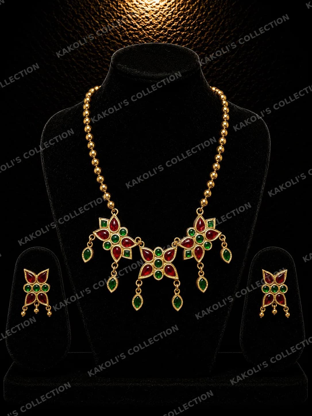 Red & Green Star Flower Golpata on Gold Chain – Assamese jewellery by Kakoli's Collection