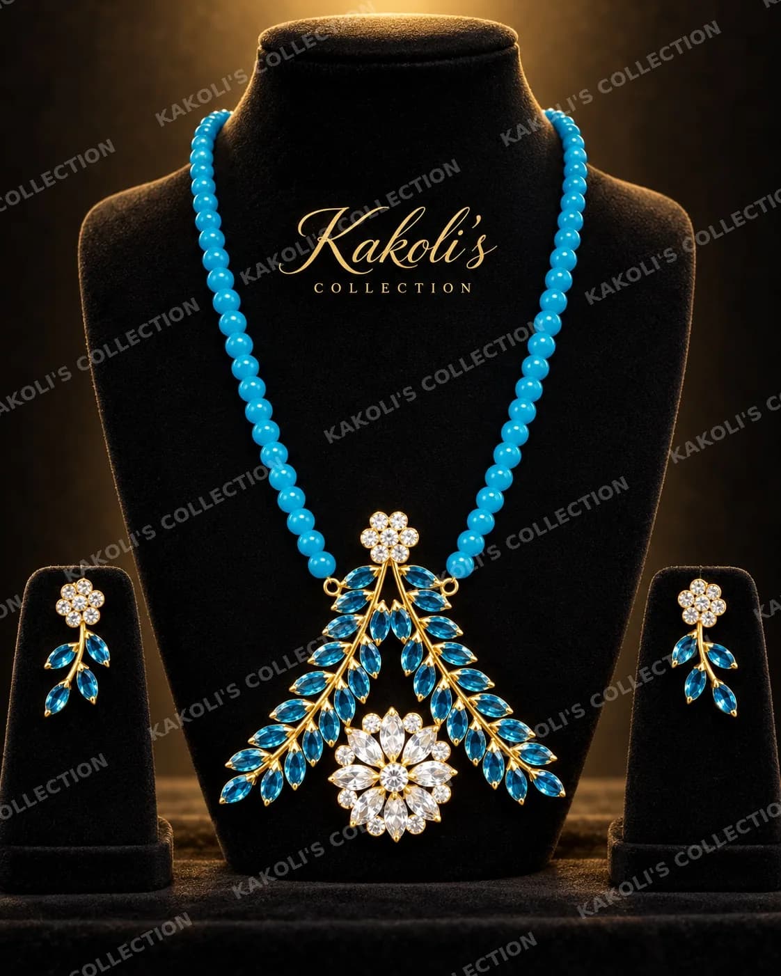 Blue Leaf Spray Pendant on Turquoise Beads – Assamese jewellery by Kakoli's Collection
