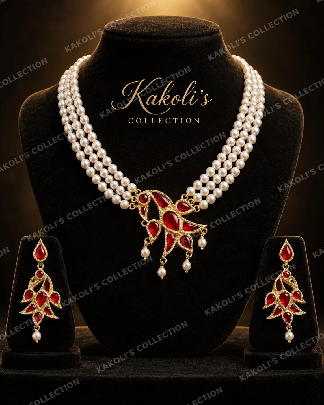 Red Lotus on Three-Strand Pearl Necklace – Assamese jewellery by Kakoli's Collection