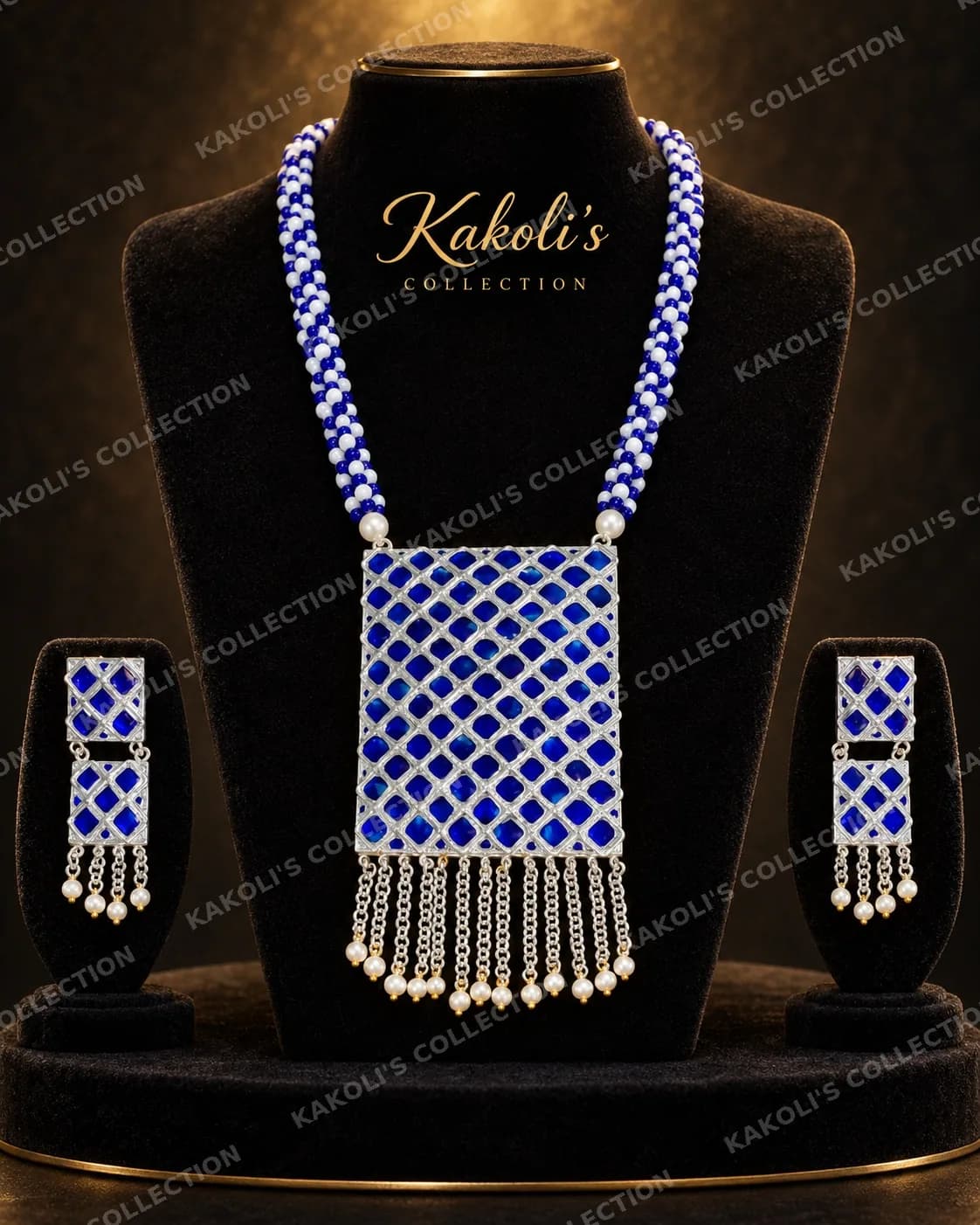 Blue Lattice Pendant on Blue & Pearl Beads – Assamese jewellery by Kakoli's Collection