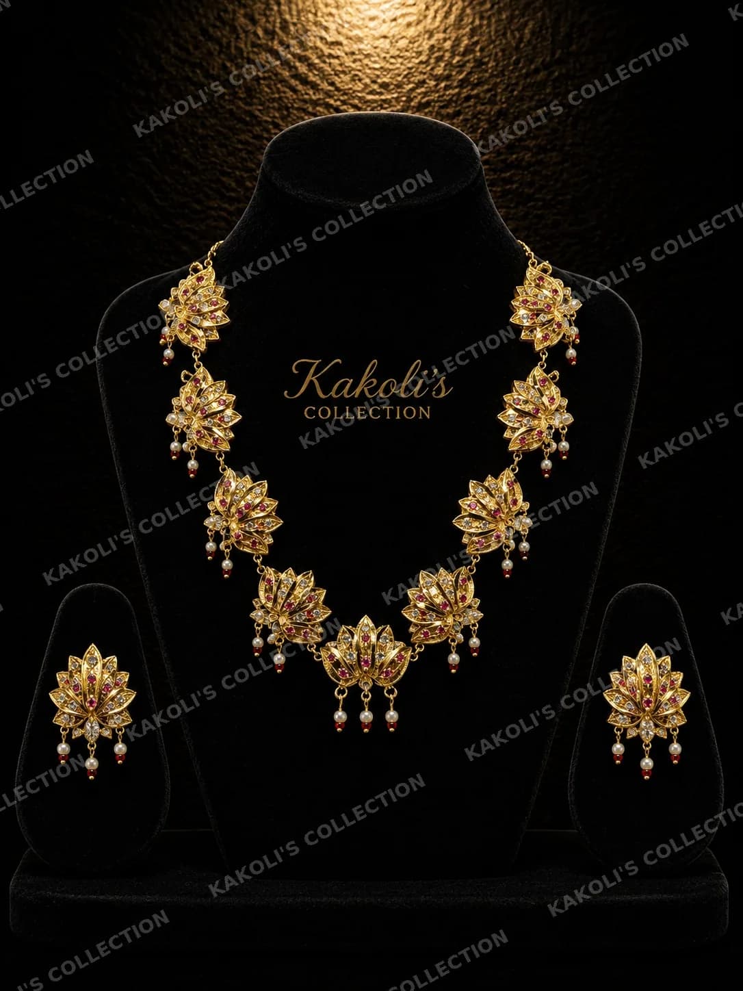 Gold Lotus Stone Golpata with Pearl Drops – Assamese jewellery by Kakoli's Collection