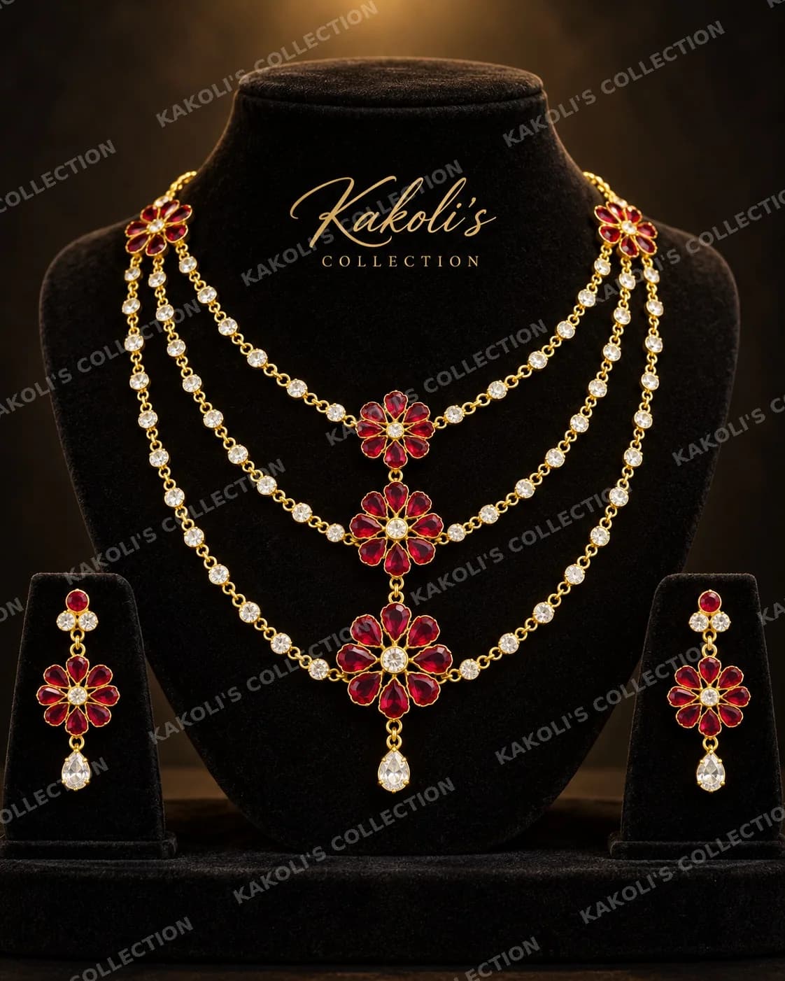 Three-Layer Crystal Chain with Ruby Flowers – Assamese jewellery by Kakoli's Collection