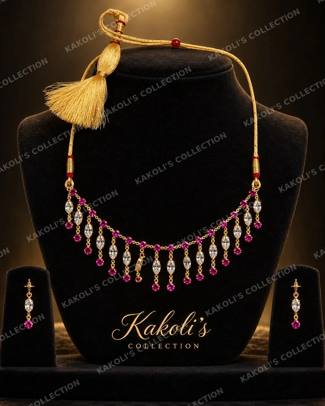 Pink Drop Golpata on Gold Thread with Tassel – Assamese jewellery by Kakoli's Collection