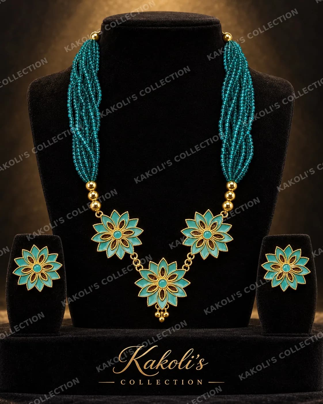 Turquoise Flower Thuriya Set on Beaded Strands – Assamese jewellery by Kakoli's Collection