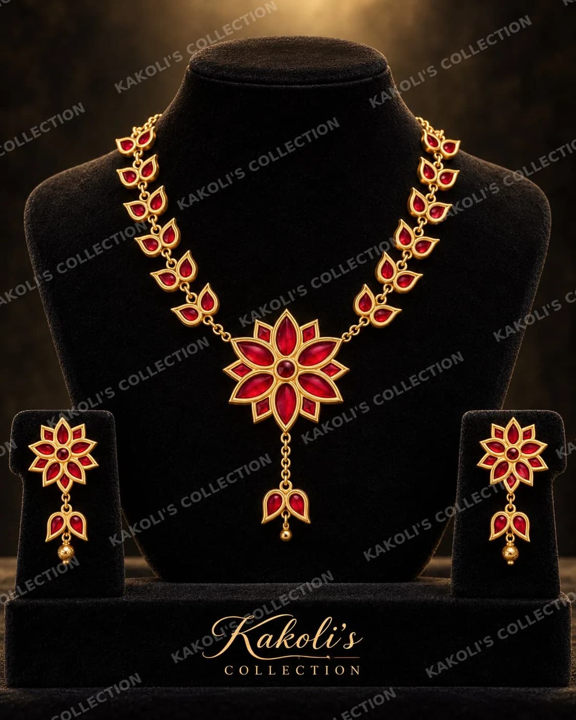 Red Flower Thuriya Set with Leaf Chain – Assamese jewellery by Kakoli's Collection