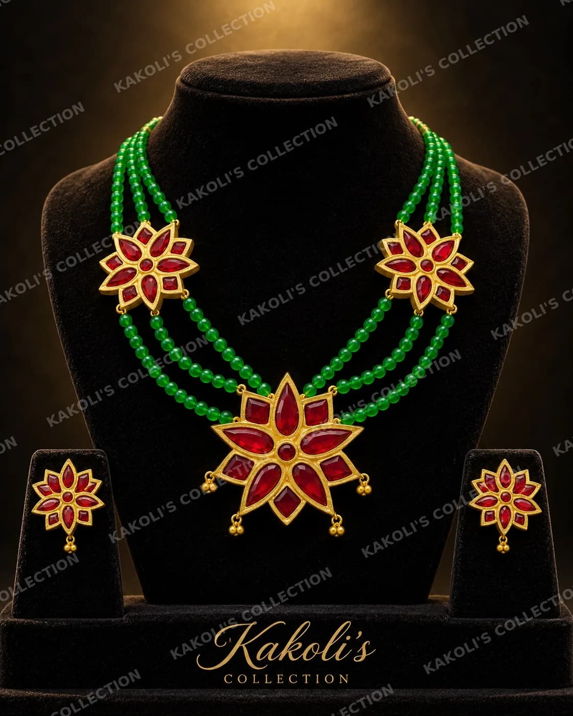 Red Flower Thuriya Set on Green Beads – Assamese jewellery by Kakoli's Collection