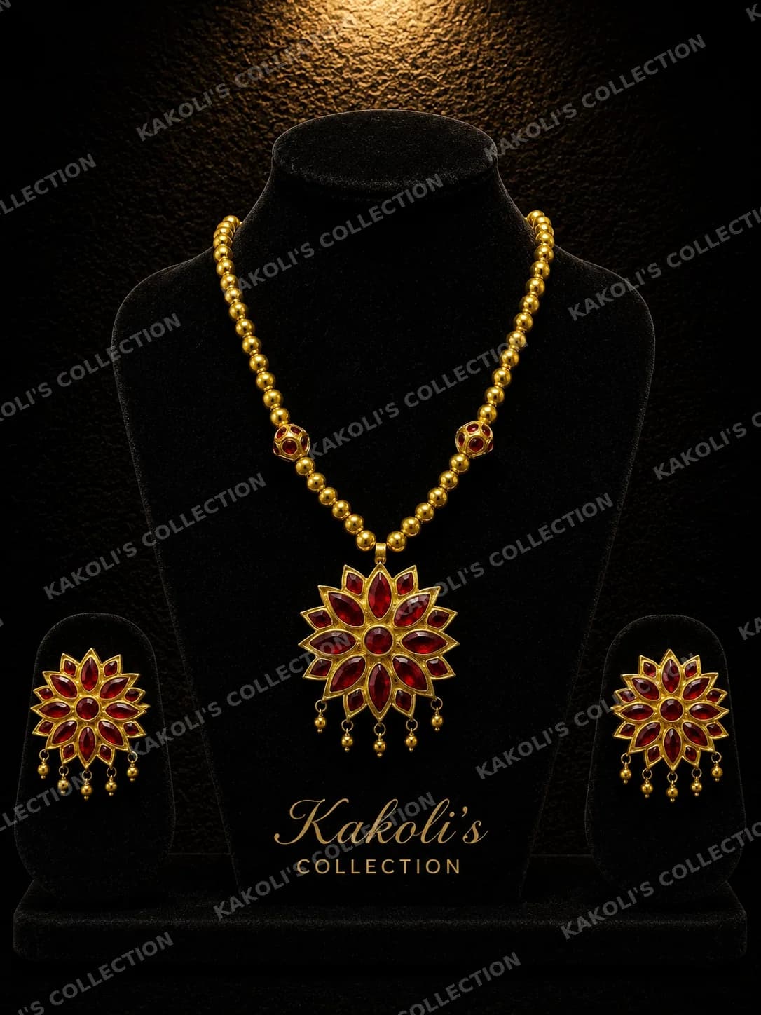 Red Tiktiki Flower on Gold Bead Chain – Assamese jewellery by Kakoli's Collection